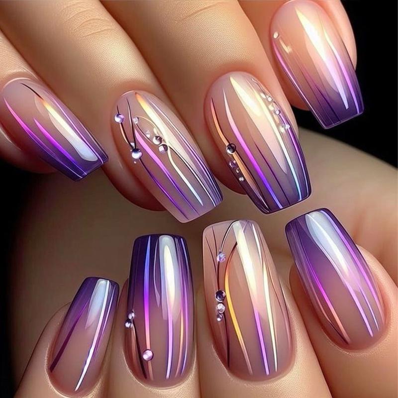Aurora Shine Gradient Press-On Nails | Nude to Purple Ombre with Iridescent Stripes & Rhinestone Accents, Long-Lasting