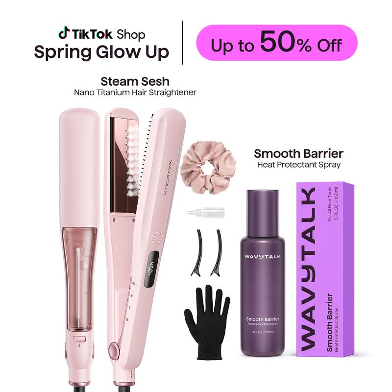 Wavytalk Steam Sesh Hair Straightener & Smooth Barrier Heat Protectant Spray Set