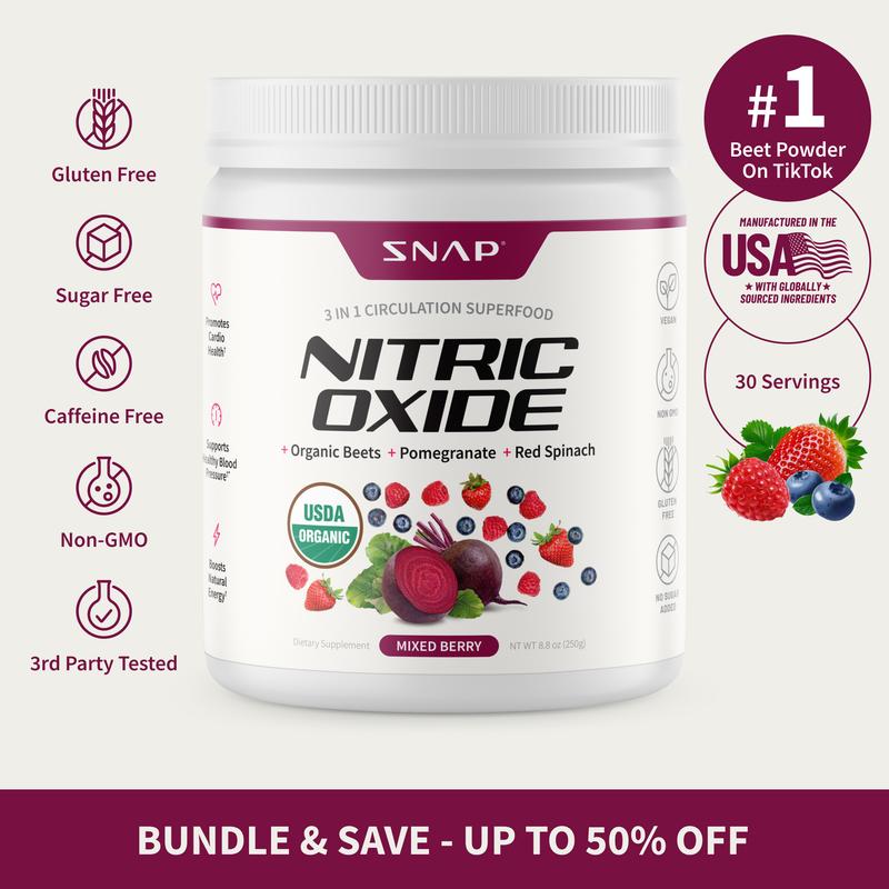 Snap Supplements | USDA Organic Beet Root Powder - 3-in-1 Nitric Oxide Supplement - Support Healthy Blood Pressure &