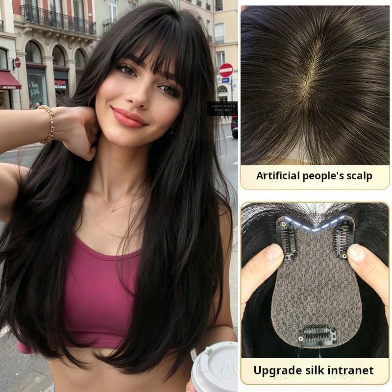 French Air Bangs / Curtain Bangs clip-in hair topper for women adds volume on top covers gray can part freely