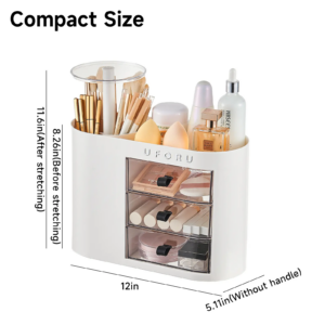 UFORU Makeup Organizer with Drawers | 4-Slot Brush Holder for Vanity & Countertop