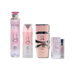 Yara Perfume (3.40z) + Yara Deodorant (6.67oz) + Yara Air Freshener (10.0 oz) + Yara rollon 10ml(0.34oz) from